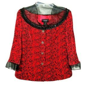 Ashro sheer sequin neck ruffle sleeve red blazer
